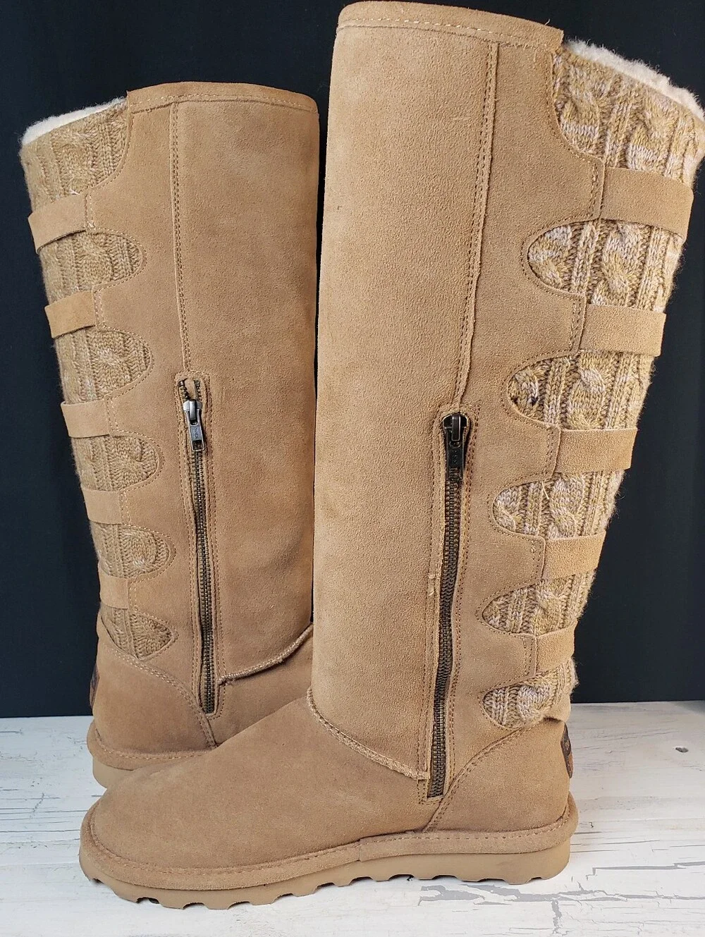 BearPaw 'Boshie' Tall Cow Suede & Knit Boots style 3017W in Tan - Women's size 9